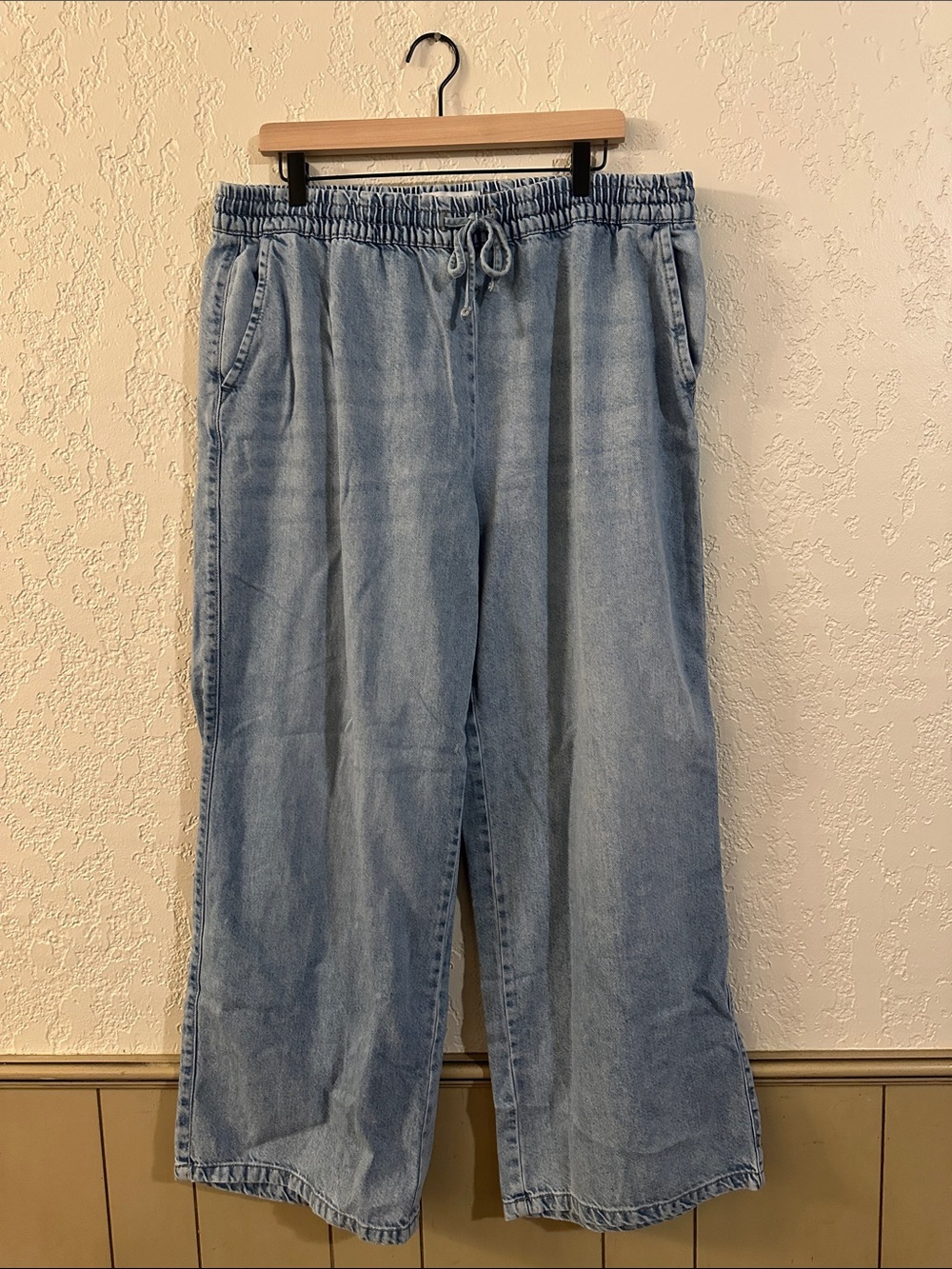 Light Wash Denim Drawstring Wide-Leg Pants